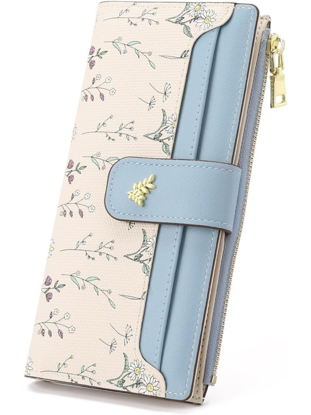 Slim Floral Vegan Leather Wallet | RFID Blocking Bifold Card Holder with Zipper